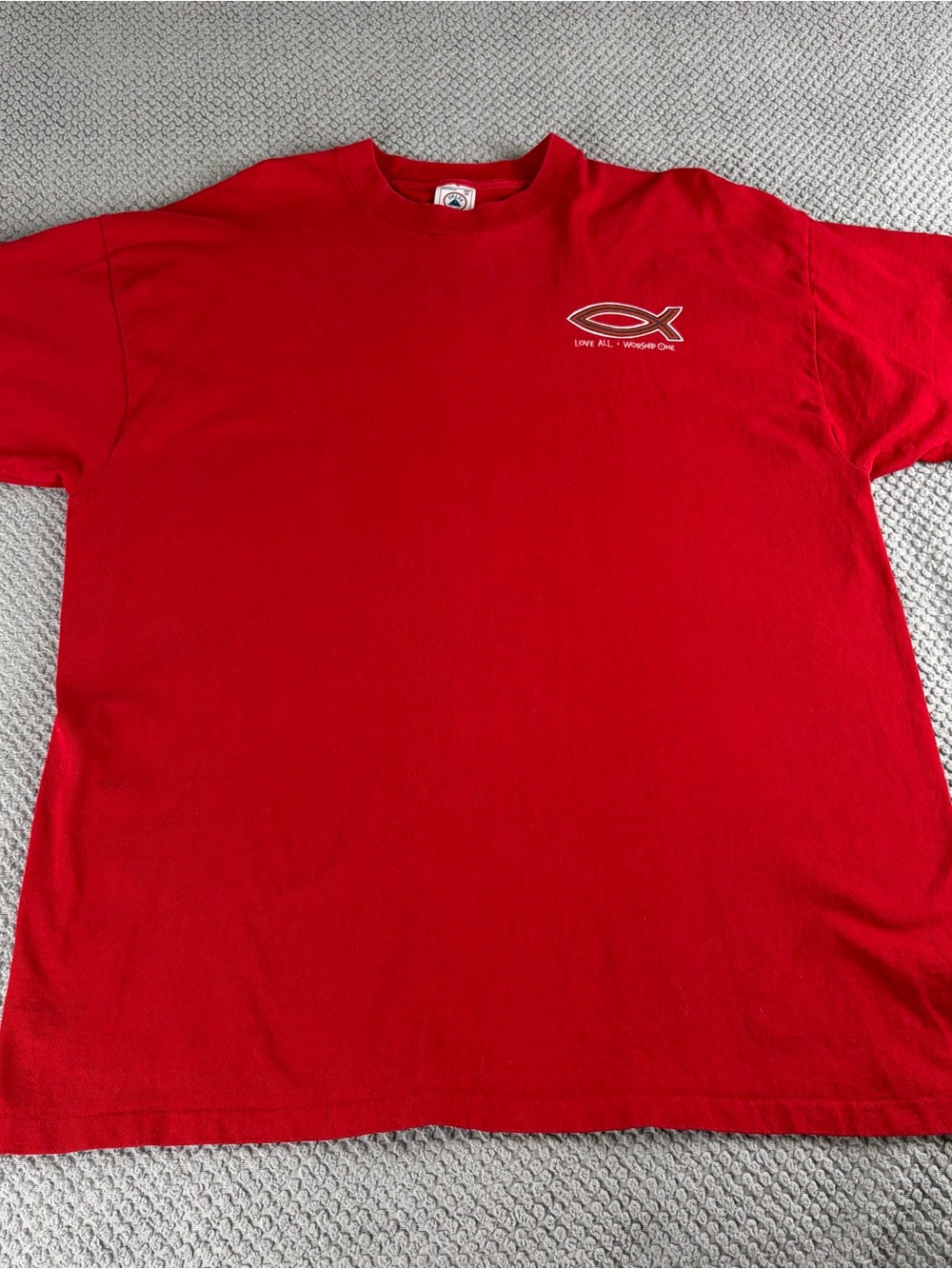 Single stitch Jesus t shirt love all worship one. XL